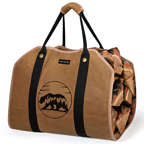 ART-GIFTREE Extra Großer Kaminholzträger Holzkorb Brennholztasche Tragetasche, aus Segeltuch mit 2 Griffe Filzkorb mit verstärkten Griffen für Kaminholz-Braun Schwerer Holzhalter für Kamin von ART-GIFTREE