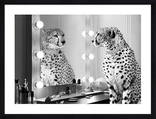 ART PRINT CAFE' – Foto-Kunstbild - Schwarz-Weiß-Fotografie Julian Lauren, Spiegelleoparden. 83x63 cm: Gerahmte Kunstdrucke, Rahmenfarbe: Schwarz von ART PRINT CAFE'