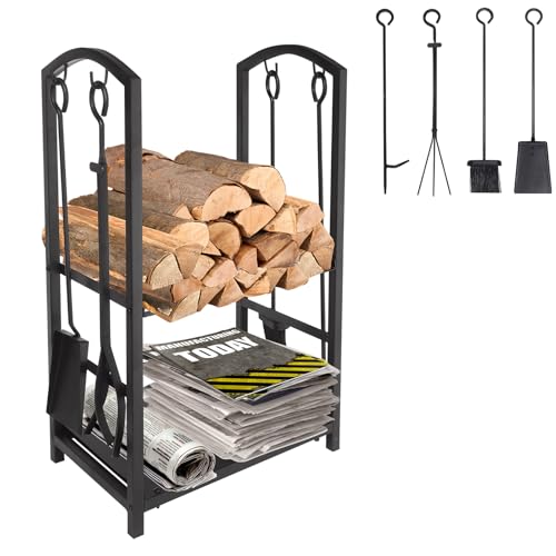 ART TO REAL Brennholz Log Rack, 4 Stück Kamin Tool Sets, Indoor Outdoor Kamin Log Carriers Halter Lagerung Schwarz Schmiedeeisen, MEHRWEG von ART TO REAL
