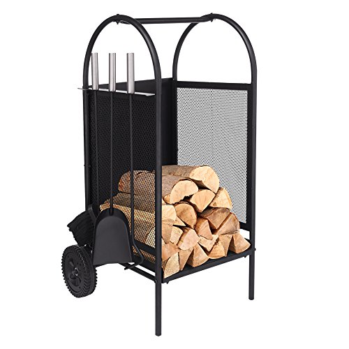 Brennholz Warenkorb mit Rädern, Brennholz Log Rack mit 3 Tools Kamin Log Carriers Inhaber schwarz Schmiedeeisen Kamin Tool Set, MEHRWEG von ART TO REAL