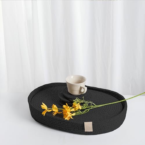 ART pinecone Tischsets 6er Set Oval - Gewebte Boho Bauernhaus Tischmatten für Esstisch für 6, Küchendekoration, Waschbar und Handgemacht Rustikales Tischzubehör (Oval Plus 6 Untersetzer, Schwarz) von ART pinecone