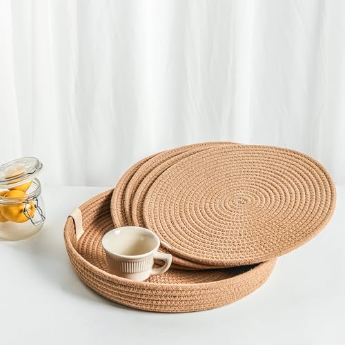 Art PineCone Platzsets aus gewebtem Baumwollseil, rund, 4 Stück, mit Halter, rutschfest und hitzebeständig für Ihre perfekte Tischdekoration. (Hellbraun, 33 cm) von ART pinecone