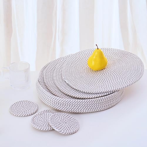 Art PineCone Platzsets aus gewebtem Baumwollseil, rund, mit Halter, rutschfest und hitzebeständig, Shabby-Chic-Tischsets (grau gestreift, 33 cm plus Untersetzer), 4 Stück von ART pinecone