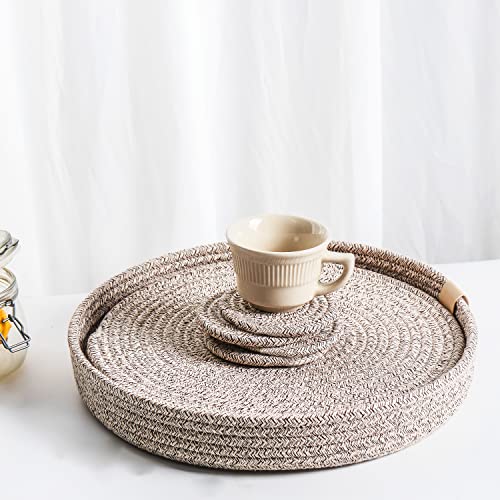 Art Pinecone Platzsets aus gewebtem Baumwollseil, rund, 4 Stück, mit Halter, rutschfest und hitzebeständig für Ihre perfekte Tischdekoration. (Braun gemischt, 33 cm Plus Untersetzer) von ART pinecone