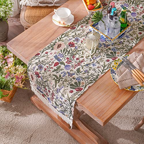 ARTABLE Rechteckige Tischläufer Grüne Blätter und Blumen Vintage Tischläufer Quastenrand Elegante Tischläufer Landhausstil Küchentischfahne Garten im Freien (Blumen, 40 x 120 cm) von ARTABLE