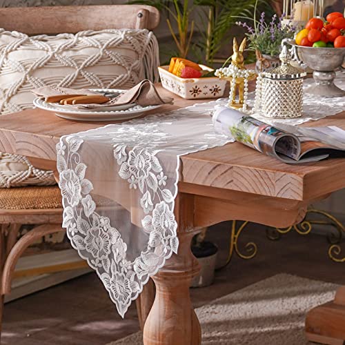 ARTABLE Spitze Rose Rechteck Tisch Flagge Tischdecke pastoralen Retro Exquisite Esstisch Couchtisch Kamin Schrank Kommode Hochzeit Urlaub (Weiß-4, 32 x 110 cm) von ARTABLE