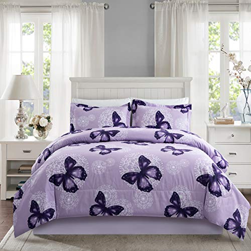 ARTALL Lightweight Microfiber 3 Piece Comforter Set with 2 Shams, Butterfly Pattern Bedding Set, King, Purple von ARTALL