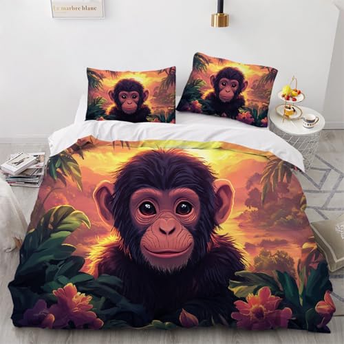 3D Bettwäsche Set 200x200 cm 3teilig mit Reißverschluss Orang-Utan Süßes Tier Weiche und Angenehme Schlafkomfort Microfaser Bettbezug Blumen Tropischer Pflanzen Kinderbettwäsche mit Kissenbezug 80x80 von ARTAMA