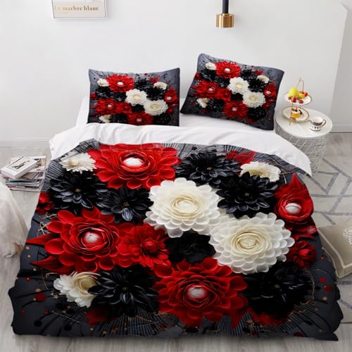 ARTAMA 3D Bettwäsche Set 155x220 cm 3teilig mit Reißverschluss Blume Weiche und Angenehme Schlafkomfort Microfaser Bettbezug Rot Schwarz Weiß Kinderbettwäsche mit Kissenbezug 80x80 cm von ARTAMA