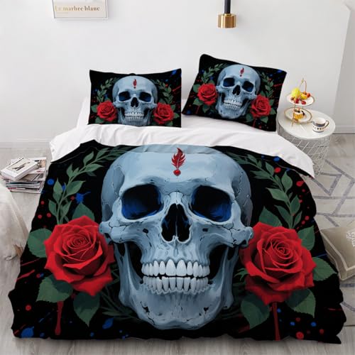 ARTAMA Bettwäsche 135x200cm 3D Drucken Skeleton Bettbezug Set Weich Microfaser Rote Rosen Bettbezug für Kinder Jungen Mädchen Erwachsener 3 Teilig Bettwaren von ARTAMA