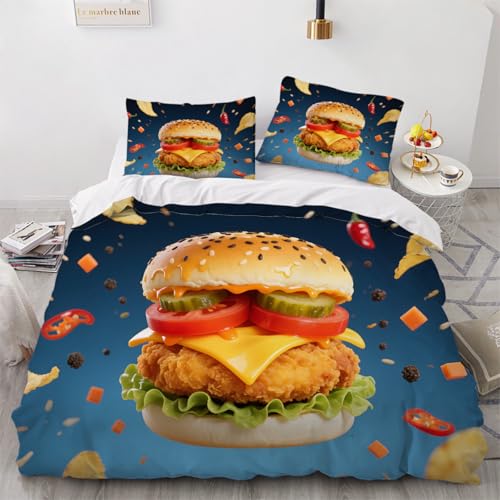 ARTAMA Bettwäsche 155x220 Kinder Jungen Mädchen Hamburger 3 Teiliges Mikrofaser Essen 3D Bettbezug Mit Reißverschluss 80x80 Kissenbezug von ARTAMA