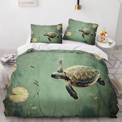 ARTAMA Bettwäsche 155x220 Kinder Jungen Mädchen Schildkröte 3 Teiliges Mikrofaser Lotusblattsee 3D Bettbezug Mit Reißverschluss 80x80 Kissenbezug von ARTAMA