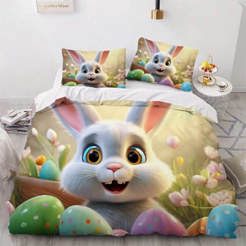 ARTAMA Bettwäsche 155x220 cm Kaninchen Bettwaren-Sets für Kinder 3 Teilig Blume Microfaser Bettbezug und 2 Kissenbezüge 80x80cm mit Reißverschluss von ARTAMA