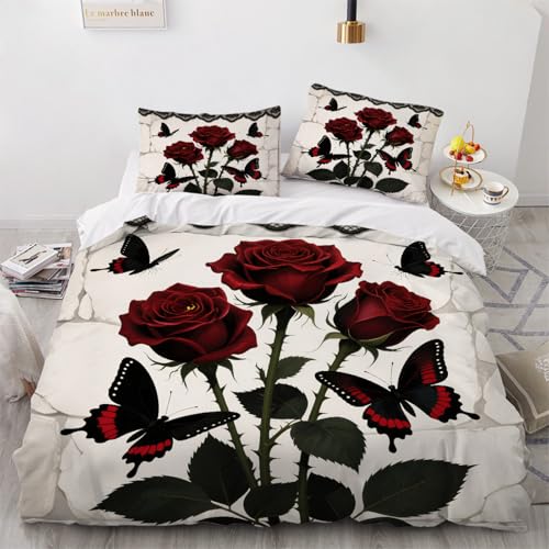 ARTAMA Bettwäsche 155x220 cm Rote Rosen Bettwaren-Sets für Kinder 3 Teilig Schmetterling Microfaser Bettbezug und 2 Kissenbezüge 80x80cm mit Reißverschluss von ARTAMA