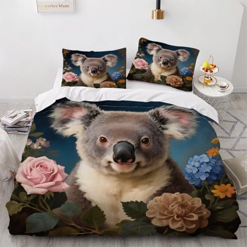 ARTAMA Bettwäsche 200x220cm 3D Drucken Koala-Tier Bettbezug Set Weich Microfaser Rose Bettbezug für Kinder Jungen Mädchen Erwachsener 3 Teilig Bettwaren von ARTAMA
