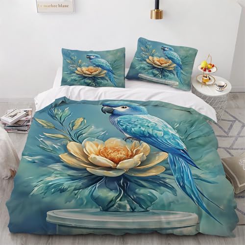 ARTAMA Bettwäsche 220x240 3teilig Papagei Vogel Bettwäsche-Sets Blumen Bettbezug 3er Set mit 2 Kissenbezüge 80x80 cm, mit Reißverschluss von ARTAMA