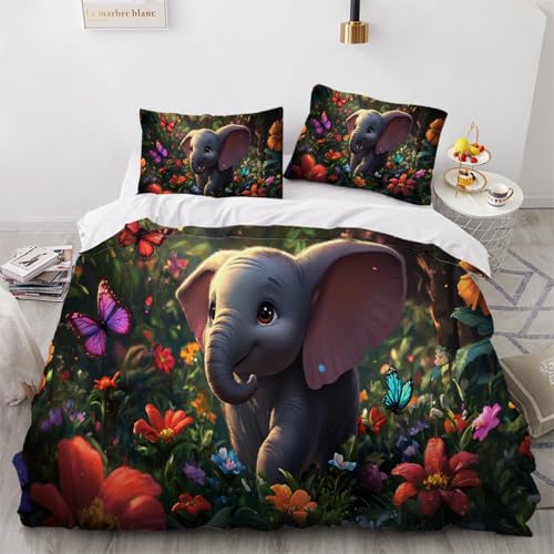 ARTAMA Jungen Bettwäsche Set 135x200cm Kinder Elefantentier Bettbezug Set für Jugendliche Schlafzimmer Schmetterlingsblumentraum Dekor Bedding Betten mit 1 Kissenbezug 80x80cm von ARTAMA