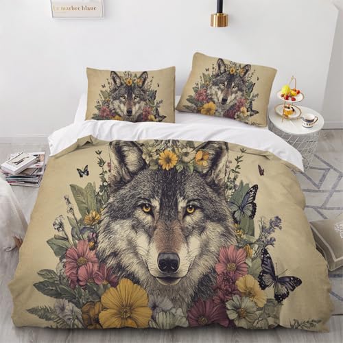 ARTAMA Jungen Wolf Tier Tröster Startseite Satz, Kinder Blütenpflanzen Bettwäsche Satz 155x220cm, Moderne Bettbezug Für Jugendliche Jugend Mädchen,Schlafzimmer Dekor von ARTAMA