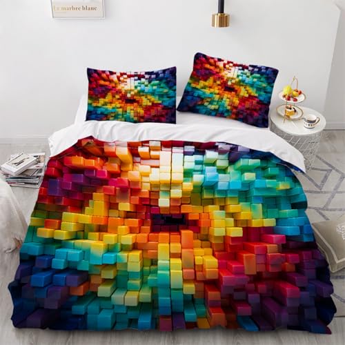 ARTAMA Teens Blöcke Bettbezug 200x220cm Regenbogenfarben Jungen Bettwäsche-Set,Kinders Tagesdecken, Schlafzimmer Dekor Trösterbezug-Set 3er Set mit 2 Kissenbezüge 80x80 cm, mit Reißverschluss von ARTAMA