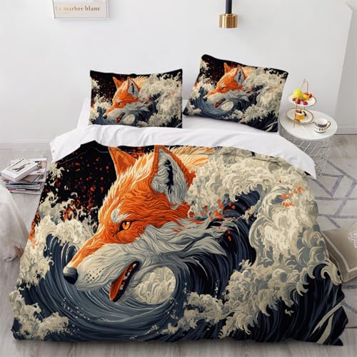 ARTAMA Teens Fuchs Tier Bettbezug 155x220cm Meereswellen Jungen Bettwäsche-Set,Kinders Tagesdecken, Schlafzimmer Dekor Trösterbezug-Set 3er Set mit 2 Kissenbezüge 80x80 cm, mit Reißverschluss von ARTAMA