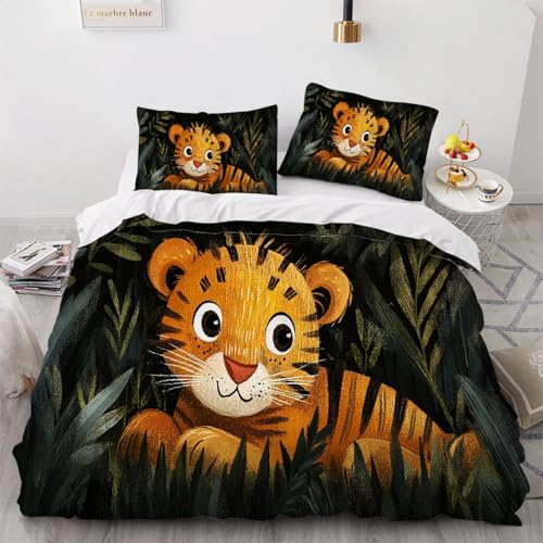 ARTAMA Teens Tigertier Bettbezug 200x220cm Blätter Jungen Bettwäsche-Set,Kinders Tagesdecken, Schlafzimmer Dekor Trösterbezug-Set 3er Set mit 2 Kissenbezüge 80x80 cm, mit Reißverschluss von ARTAMA