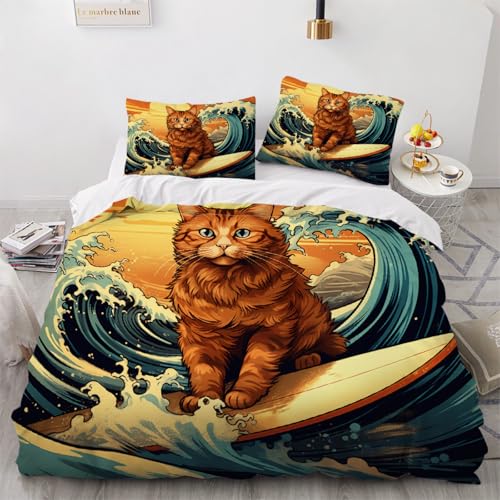 ARTAMA Tröster Cover für Jungen Teens Kinder Katzen-Surfbrett Dekor Bettwäsche Set, Welle Blau Im Japanischen Stil Bettbezug Tagesdecke Cover Modern Bettdeckenbezug 135x200cm von ARTAMA