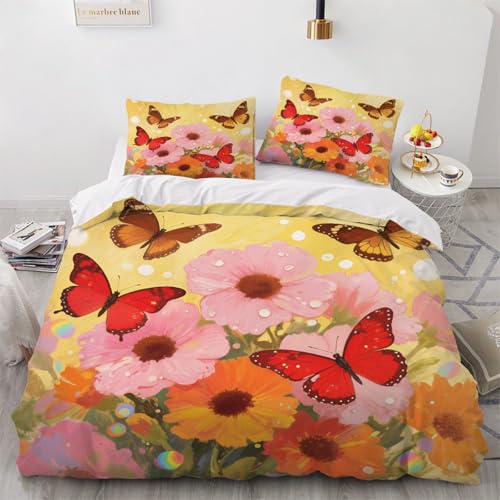 Bettwäsche-Set Schmetterling Bettbezug 220x240cm mit Kissenbezug 80x80cm Blumen Und Natur Drucken Trösterbezug-Set Soft für Damen Jungen Kinder Bettbezug von ARTAMA