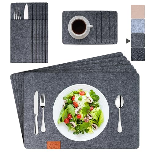 ARTAND Platzsets Abwaschbar Filz Tischsets Ausschließlich Vegane Platzdeckchen mit Untersetzer Bestecktasche - 4er Set, 05 Filz Grau ARTAND Platzsets Abwaschbar Filz Tischsets Ausschließlich Vegane Platzdeckchen mit Untersetzer Bestecktasche - 4er Set, 05 Filz Grau von ARTAND