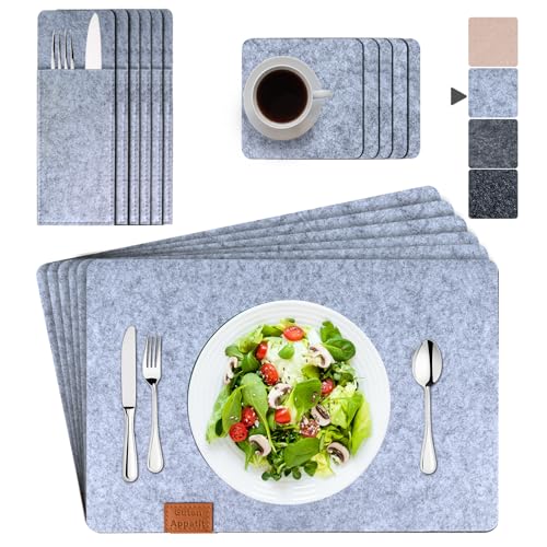 ARTAND Platzsets Abwaschbar Filz Tischsets Ausschließlich Vegane Platzdeckchen mit Untersetzer Bestecktasche - 6er Set, 05 Filz Hellgrau ARTAND Platzsets Abwaschbar Filz Tischsets Ausschließlich Vegane Platzdeckchen mit Untersetzer Bestecktasche - 6er Set, 05 Filz Hellgrau von ARTAND