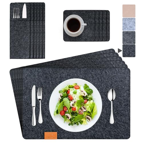 ARTAND Platzsets Abwaschbar Filz Tischsets Ausschließlich Vegane Platzdeckchen mit Untersetzer Bestecktasche - 6er Set, 05 Filz Anthrazit ARTAND Platzsets Abwaschbar Filz Tischsets Ausschließlich Vegane Platzdeckchen mit Untersetzer Bestecktasche - 6er Set, 05 Filz Anthrazit von ARTAND
