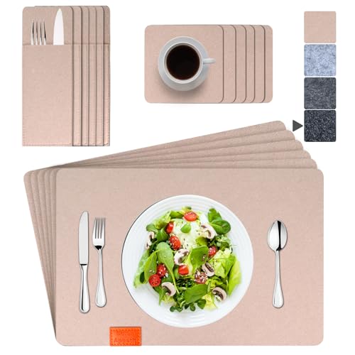 ARTAND Platzsets Abwaschbar Filz Tischsets Ausschließlich Vegane Platzdeckchen mit Untersetzer Bestecktasche - 6er Set, 05 Filz Pfirsich-Puff ARTAND Platzsets Abwaschbar Filz Tischsets Ausschließlich Vegane Platzdeckchen mit Untersetzer Bestecktasche - 6er Set, 05 Filz Pfirsich-Puff von ARTAND