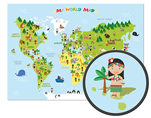 ARTBAY Kinder Weltkarte - XXL Poster - 118,8 x 84 cm - Weltkarte für Kinder mit fröhlichen Figuren und Tieren - Spielerisches Kennenlernen der verschiedenen Kontinente, Kulturen und Tiere der Welt von ARTBAY