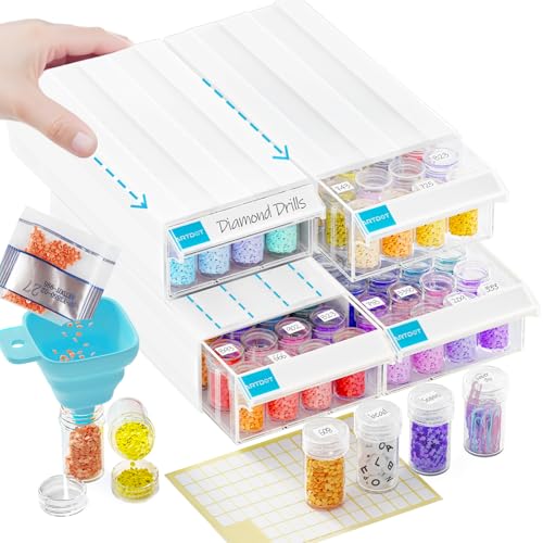 ARTDOT 4 Set Diamond Painting Aufbewahrungsbox, Stapelbare 128 Stück 5D Diamant Painting Zubehör mit Trichter Stickers von ARTDOT