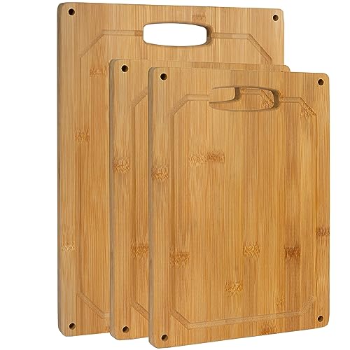 3er Set Bambus Schneidebrett Holz 2 Größen 23x33cm + 30x40cm / mit Silikonstopper, Saftrille und Griff von ARTECSIS