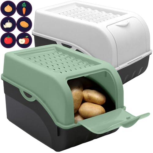 ARTECSIS Kartoffel Aufbewahrungsbox Salbeigrün + Weiß 2er Set I Gemüsebox Kartoffelbox mit Deckel für ca. 4 kg Kartoffeln + 6 Aufkleber mit Gemüsesorten von ARTECSIS