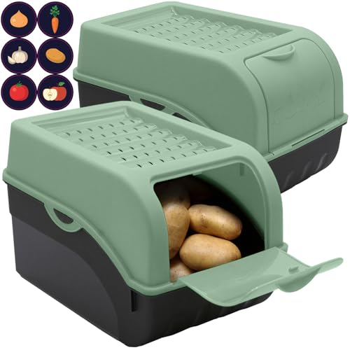 ARTECSIS Kartoffel Aufbewahrungsbox Salbeigrün 2er Set I Gemüsebox Kartoffelbox mit Deckel für ca. 4 kg Kartoffeln + 6 Aufkleber mit Gemüsesorten von ARTECSIS
