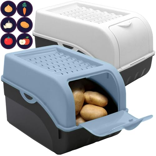 ARTECSIS Kartoffel Aufbewahrungsbox Taubenblau + Weiß 2er Set I Gemüsebox Kartoffelbox mit Deckel für ca. 4 kg Kartoffeln + 6 Aufkleber mit Gemüsesorten von ARTECSIS
