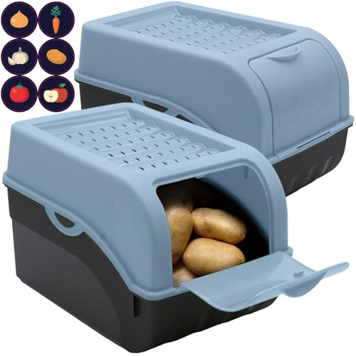 ARTECSIS Kartoffel Aufbewahrungsbox Taubenblau 2er Set I Gemüsebox Kartoffelbox mit Deckel für ca. 4 kg Kartoffeln + 6 Aufkleber mit Gemüsesorten von ARTECSIS