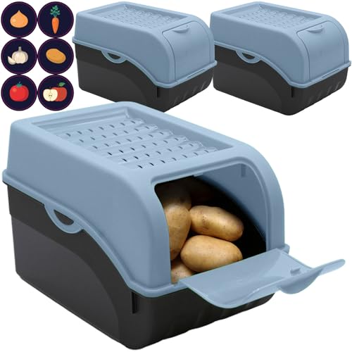 ARTECSIS Kartoffel Aufbewahrungsbox Taubenblau 3er Set I Gemüsebox Kartoffelbox mit Deckel für ca. 4 kg Kartoffeln + 6 Aufkleber mit Gemüsesorten von ARTECSIS