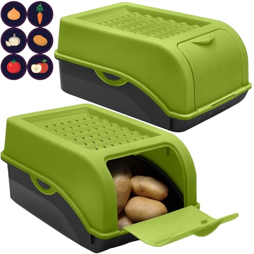 ARTECSIS Kartoffel Aufbewahrungsbox grün 2er Set I für ca. 2,5 kg Kartoffeln I Kartoffelbox, Zwiebelbox, Gemüsebox mit Deckel + 6 Aufkleber mit Gemüsesorten von ARTECSIS