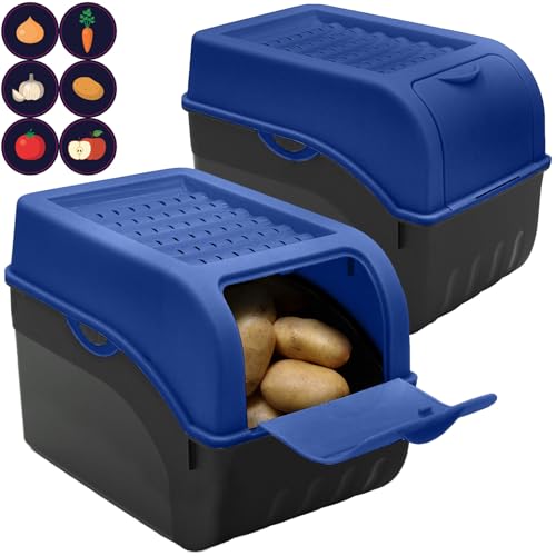 ARTECSIS Kartoffel Aufbewahrungsbox königsblau 2er Set I für ca. 6 kg Kartoffeln I Kartoffelbox, Zwiebelbox, Gemüsebox mit Deckel + 6 Aufkleber mit Gemüsesorten von ARTECSIS