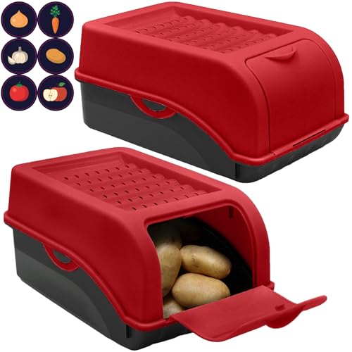 ARTECSIS Kartoffel Aufbewahrungsbox rot 2er Set I für ca. 2,5 kg Kartoffeln I Kartoffelbox, Zwiebelbox, Gemüsebox mit Deckel + 6 Aufkleber mit Gemüsesorten von ARTECSIS