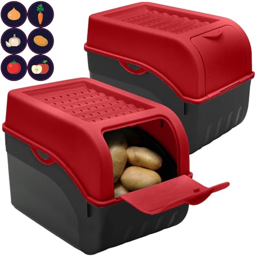 ARTECSIS Kartoffel Aufbewahrungsbox rot 2er Set I für ca. 6 kg Kartoffeln I Kartoffelbox, Zwiebelbox, Gemüsebox mit Deckel + 6 Aufkleber mit Gemüsesorten von ARTECSIS