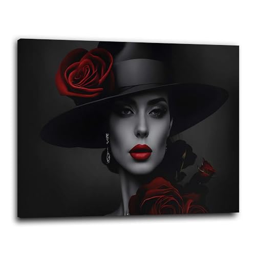 Frau mit Hut und rote Blumen Wandbild Leinwandbild Kunstdruck XL Wanddeko Größe 90x60x2cm von ARTEDinoi