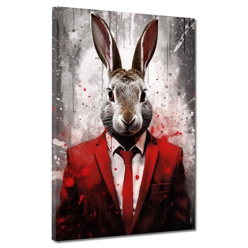 Hase im roten Anzug modern Pop Art Leinwandbild Wandbild Kunstdruck Wanddeko Größe 60x80x2cm Hase im roten Anzug modern Pop Art Leinwandbild Wandbild Kunstdruck Wanddeko Größe 60x80x2cm von ARTEDinoi