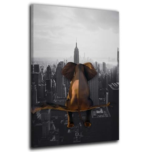 Kunstwelten24 Leinwandbild Wandbild Elefant auf Ast New York Größe 60x90x4cm von ARTEDinoi