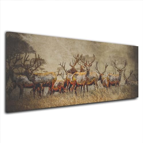 Kunstwelten24 Leinwandbild Wandbild Hirsch Herde abstrakt XL Kunstdruck Größe 75x30x4cm von ARTEDinoi