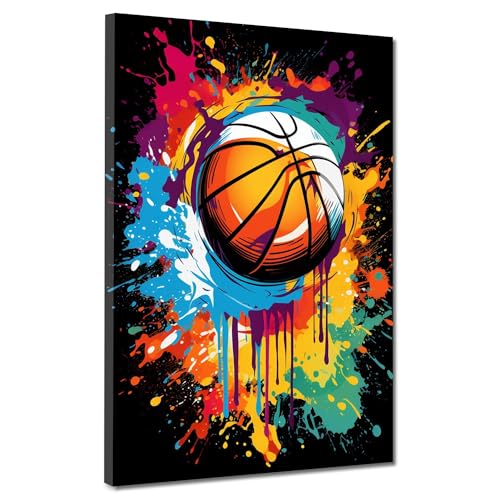 Kunstwelten24 Leinwandbild Wandbild Kunstdruck XXL Wanddeko Basketball Colour Dark Größe 60x80x2cm von ARTEDinoi