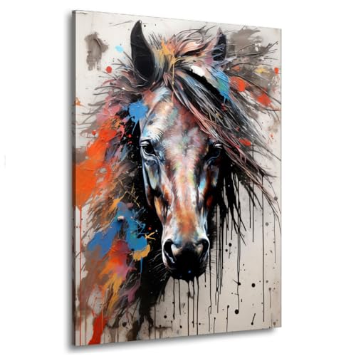 Kunstwelten24 Leinwandbild Wandbild Pferd frontal Colour Pop Art Größe 60x90x4cm von ARTEDinoi