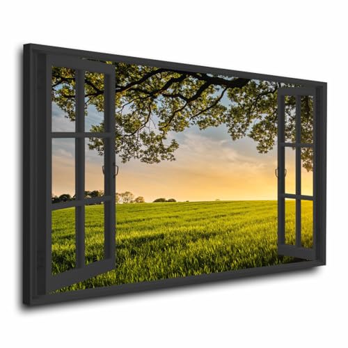 Kunstwelten24 Wandbild Leinwandbild Fenster Landscape View XL Kunstdruck Größe 120x80x4cm von ARTEDinoi